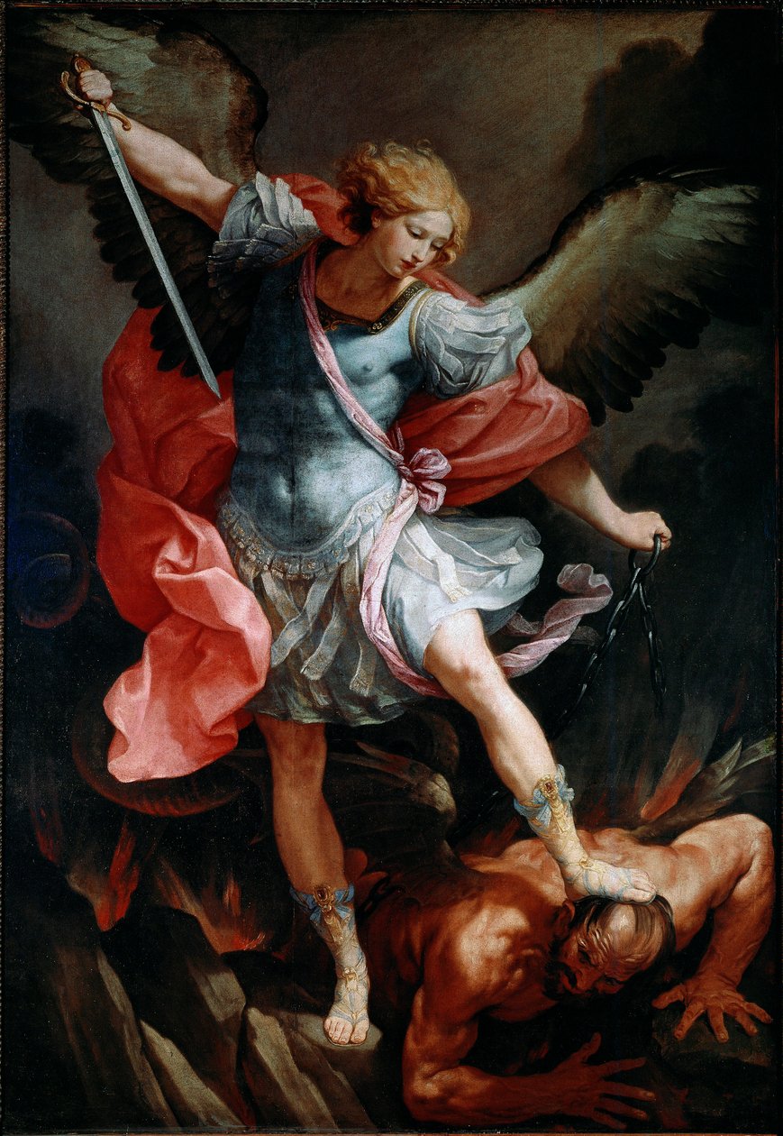Erkeengelen Saint Michael knuser hodet til demonen Silkemaleri av Guido Reni kalt Guiden av Guido Reni