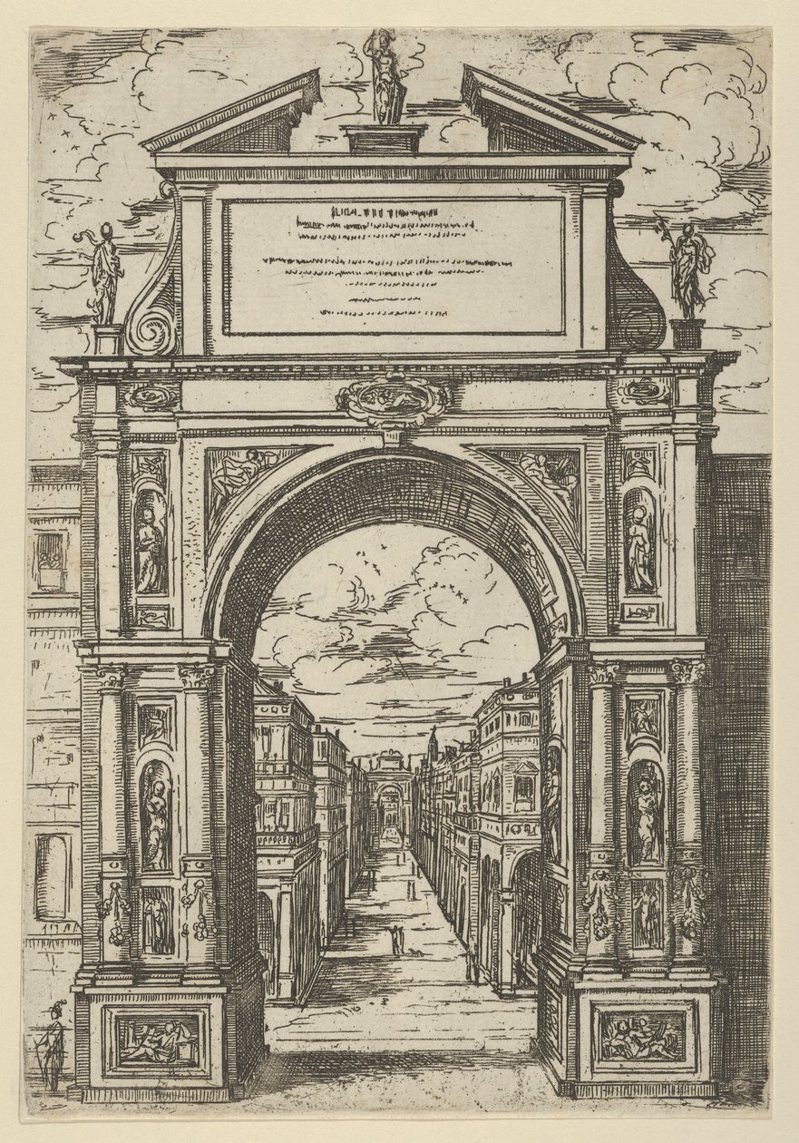 Triumfbue overvunnet av en statue som representerer byen Bologna, bygninger sett fra..., 1598. av Guido Reni