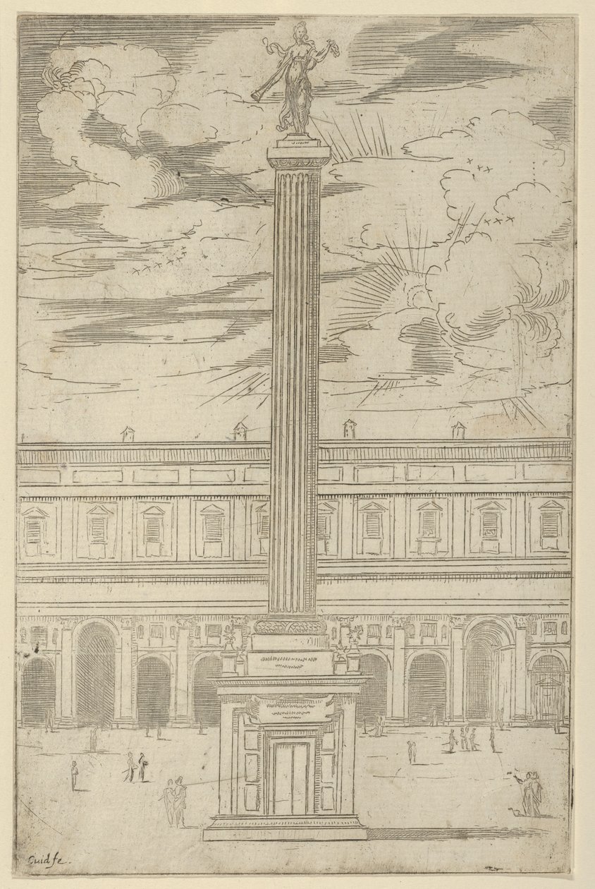 Triumfsøyle med kvinnelig berømmelsesfigur som holder en trompet på toppen, en midlertidig dekorasjon..., 1598. av Guido Reni