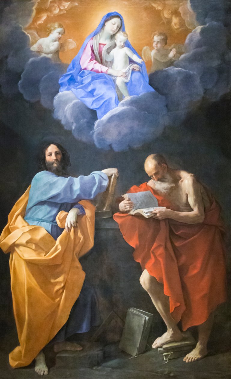Virgin in Glory med de hellige Thomas og Hieronymus (olje på lerret) av Guido Reni
