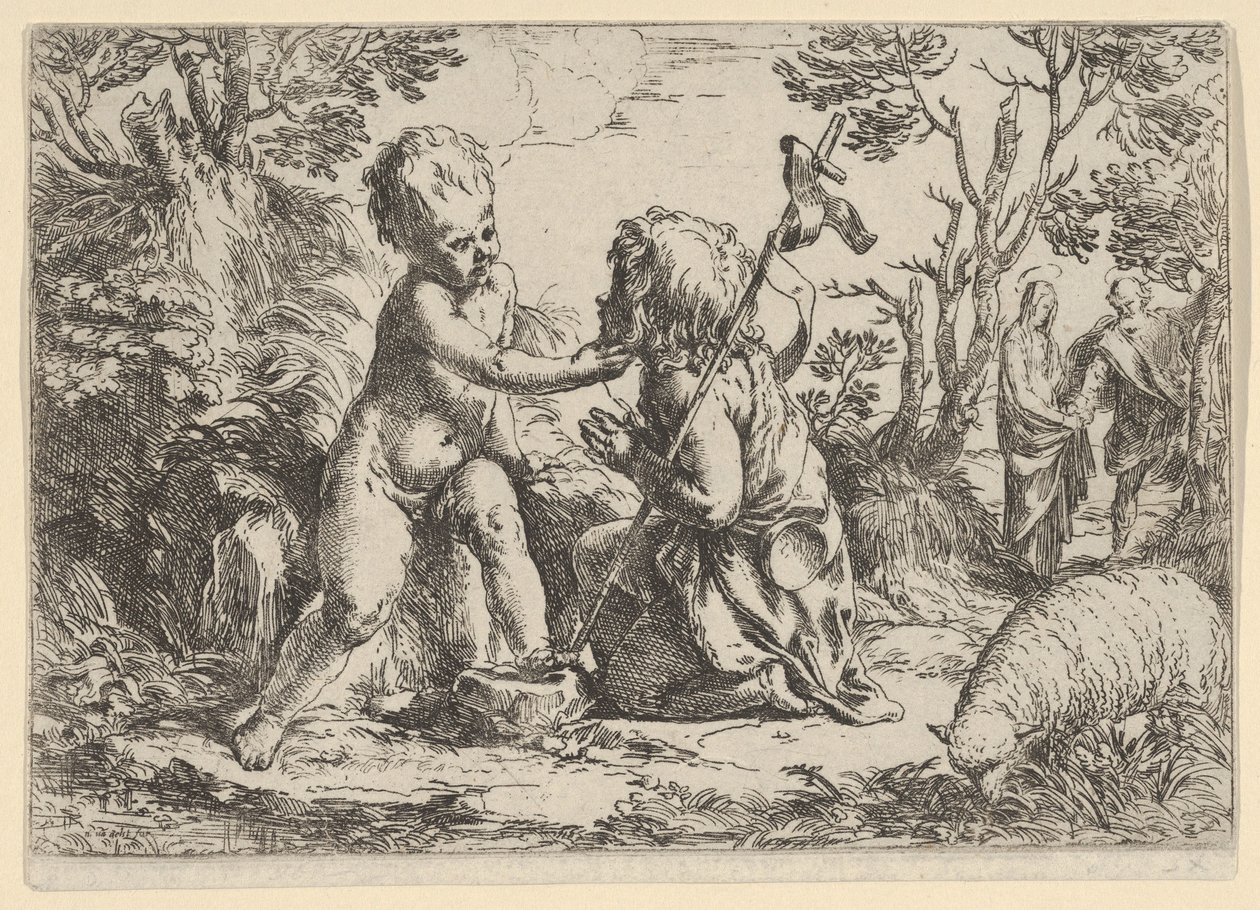 Den unge døperen Johannes kneler foran spedbarnet Kristus som kjærtegner hans f..., ca. 1600-1640. av Guido Reni