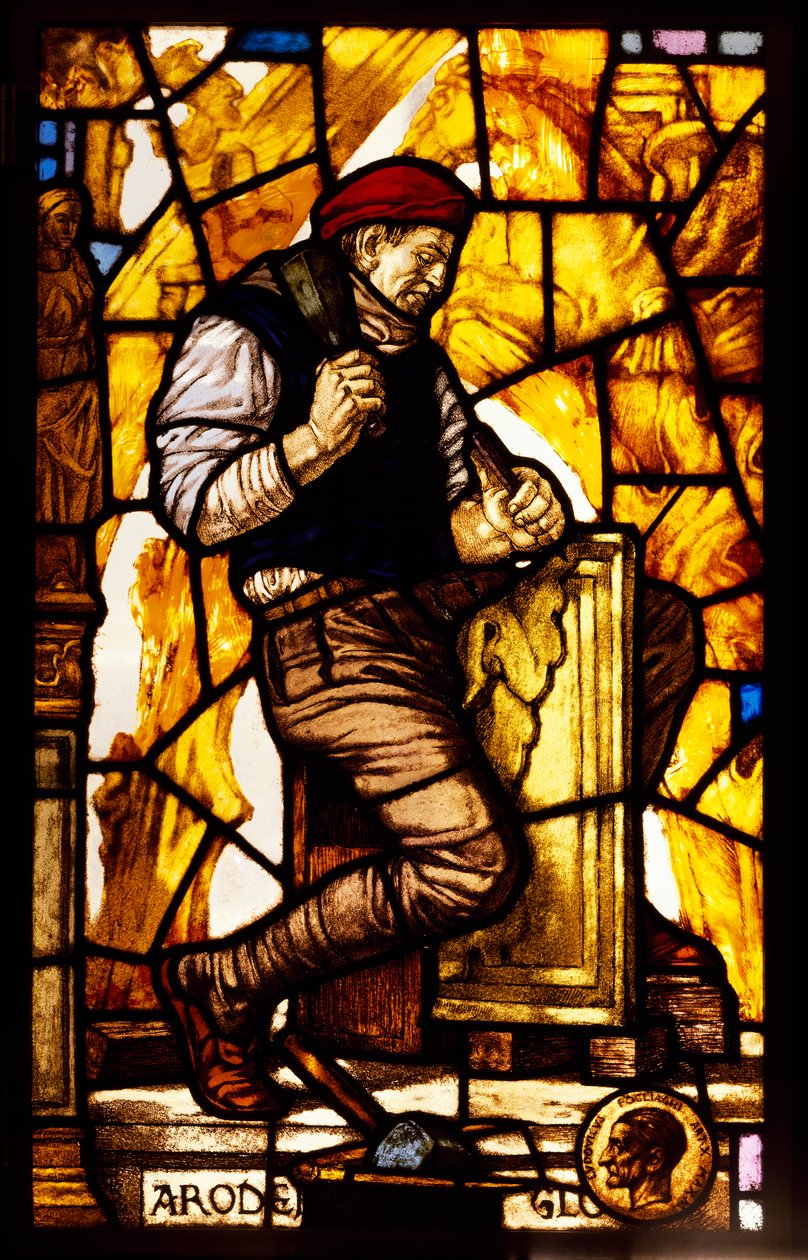 Panel av et vindu som viser en steinhugger (farget glass) av Guido Zuccaro