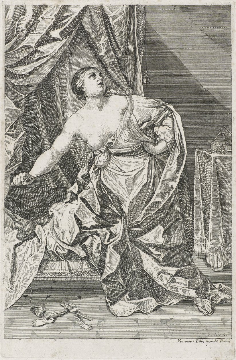 Lucretias død, ca. 1700-50, muligens Antonio Billy (aktiv første halvdel av 1700-tallet) (radering på papir) av Guido after Reni