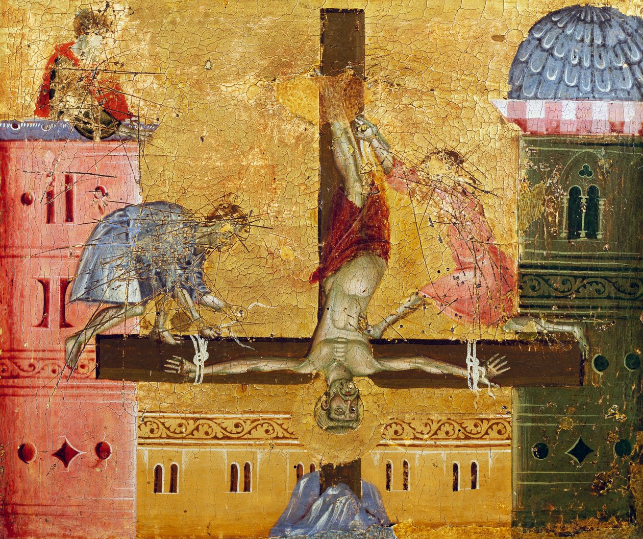 Crucifixion of St Peter, detalj fra Paliotto of St Peter Enthroned, av Guido da Siena (aktiv ca1250 - 1300), maleri på tre. av Guido da Siena