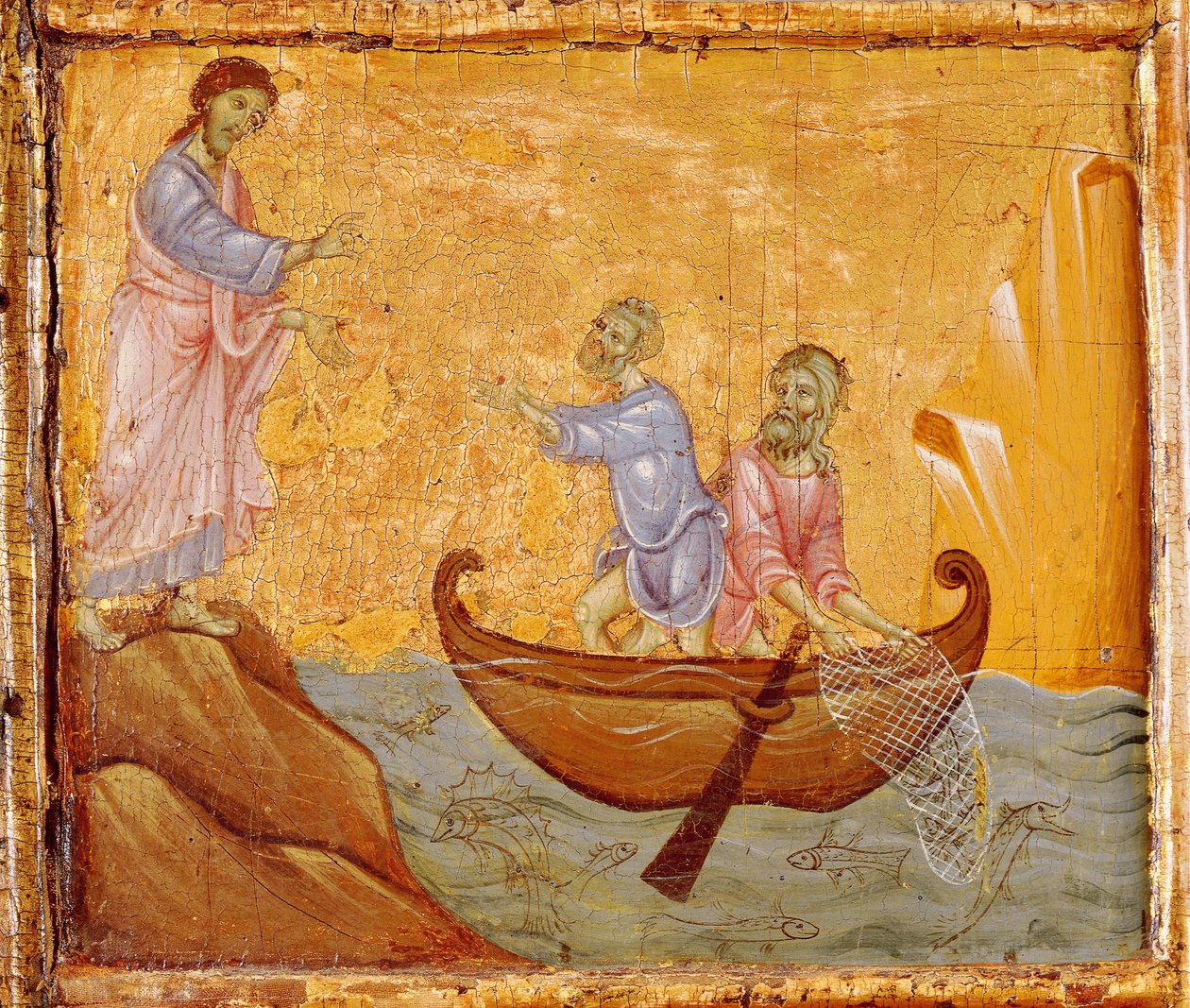 Mirakuløs fangst av fisk, detalj fra Antependium of St Peter Enthroned av Guido da Siena (ca. 1250 -1300), tempera og gull på tre av Guido da Siena