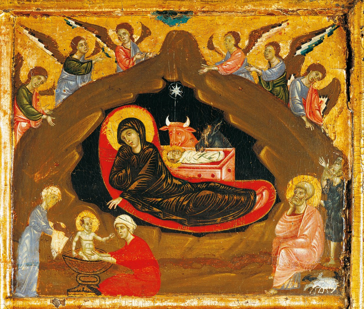 Nativity, detalj fra Antependium of St Peter Enthroned av Guido da Siena (ca. 1250 -1300), tempera og gull på tre av Guido da Siena
