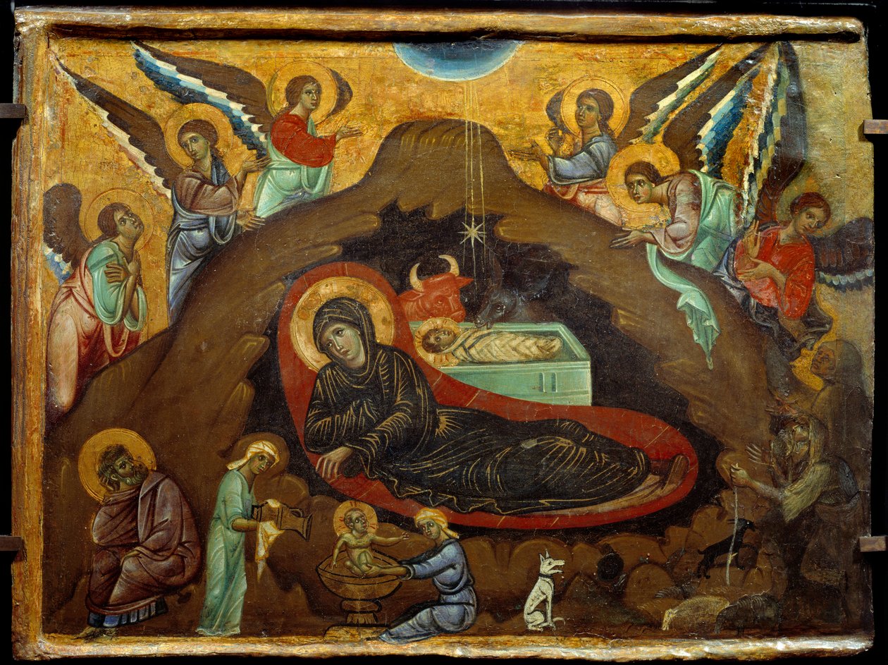 Fødselen. Maleri av Guido Da Siena (1200-tallet). Tempera på tre. Mål: 3,64 x 4,75 cm. av Guido da Siena