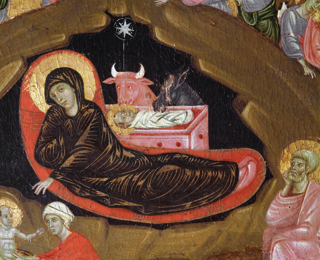 Fødselen, detalj i Kristi liv - tempera på tre av Guido da Siena