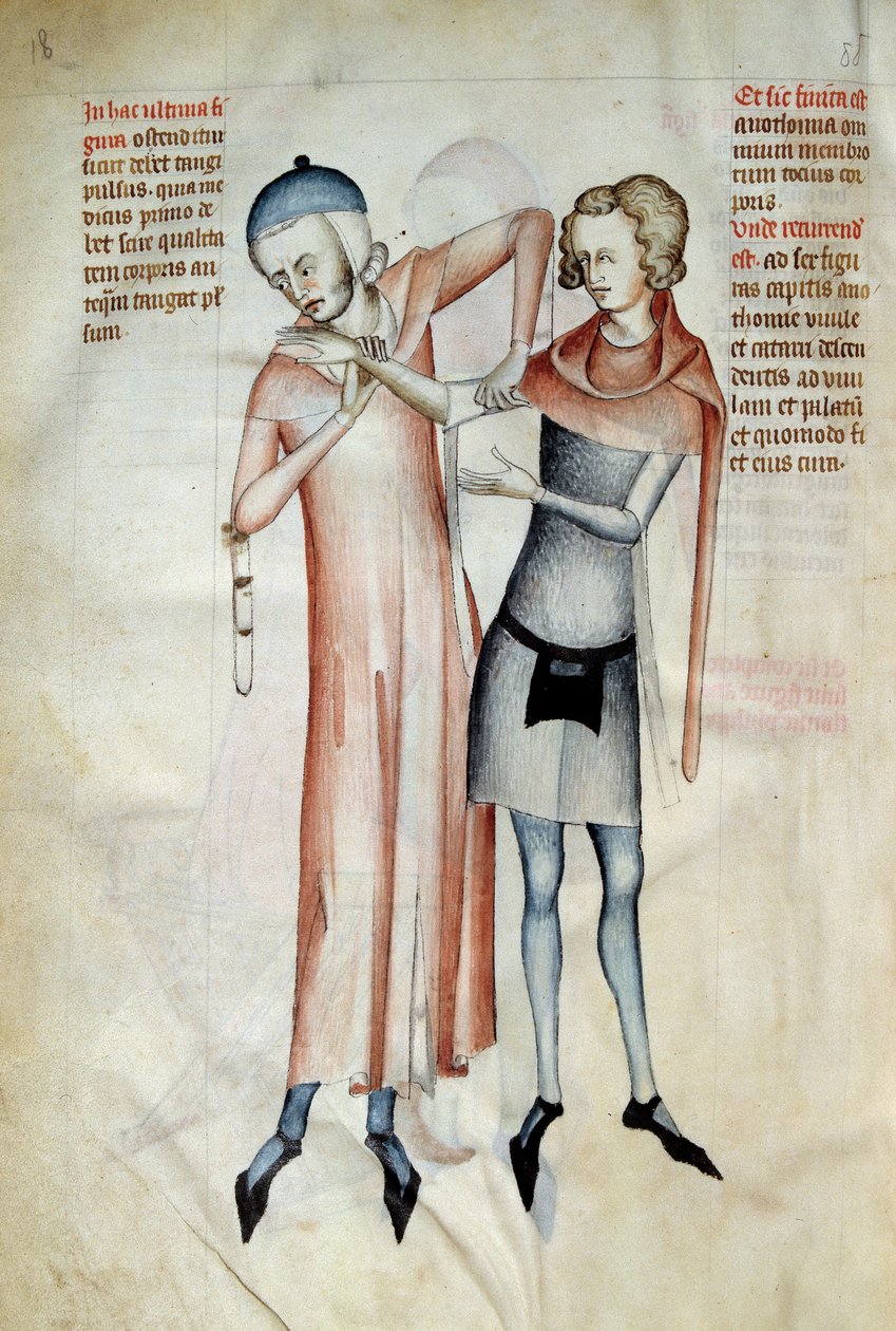 Kirurgi: lege undersøker pasientens ledd ved å strekke en arm (osteopat). Miniatyr i ""Liber notables Philippi den syvende kongen av frankerne, hentet fra bøkene til Galien"" skrevet av Gui (Guy) av Pavia av Guido da Vigevano da Pavia