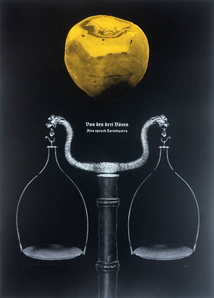 Om de tre onder, Således talte Zarathustra, 2025 (tresnitt og silketrykk) av Guilherme Pontes
