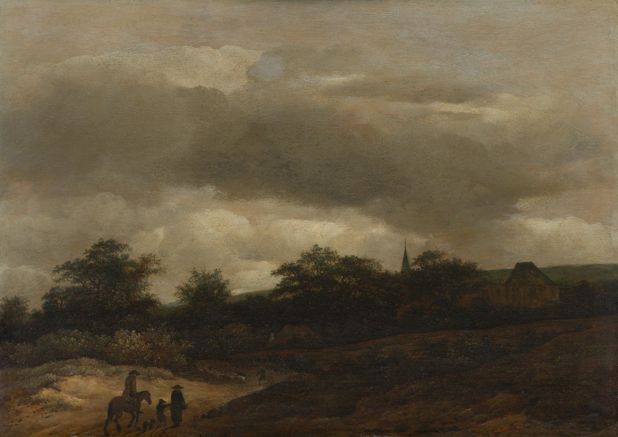Klitlandskap med vei og kirke av Guillam Dubois
