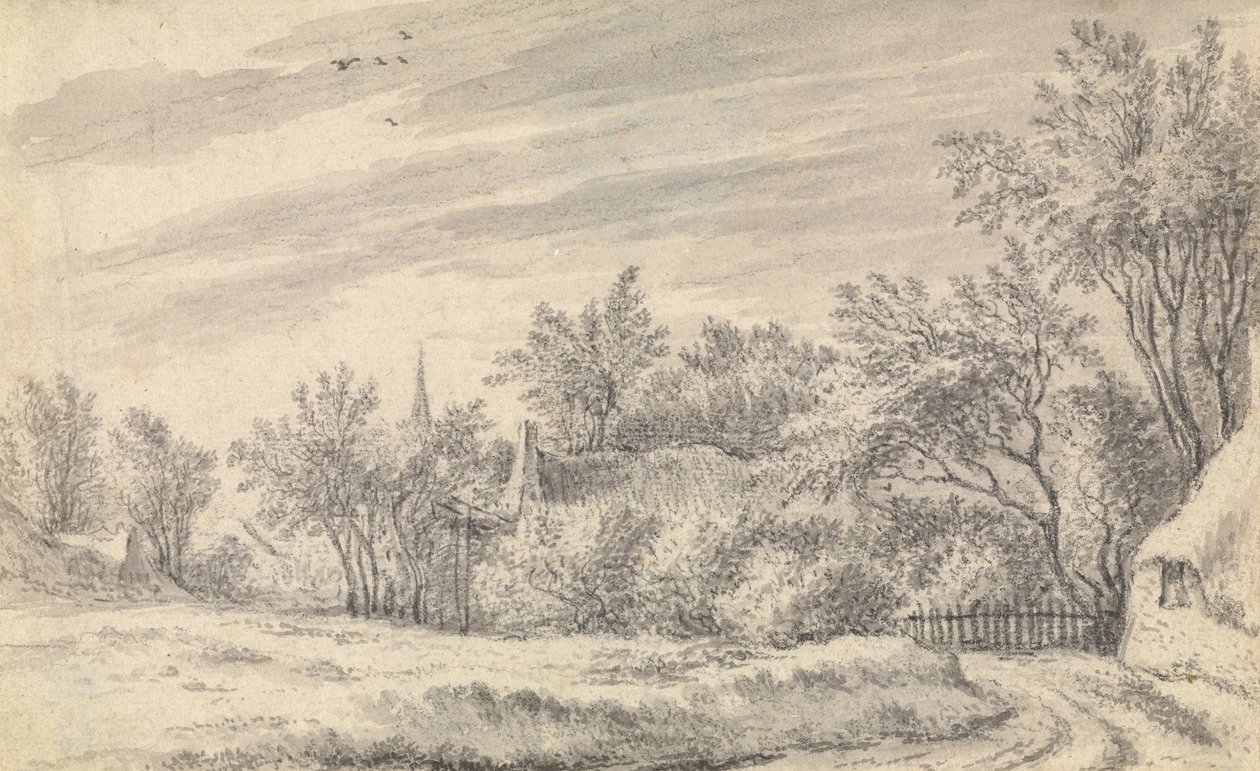 Landsbysti med kirketårn i det fjerne av Guillam Dubois