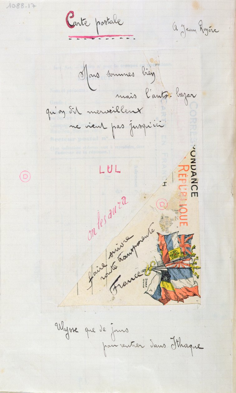 'Carte-Postale', dikt dedikert til Jean Royere fra 'Case d'Armons'-samlingen, 1915 (penn og blekk og collage på papir) av Guillaume Apollinaire