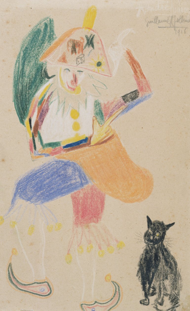 Clown in a Bicorne with a Cat, tegning dedikert til Andre Rouveyre, 1916 (farget fargestift på papir) av Guillaume Apollinaire