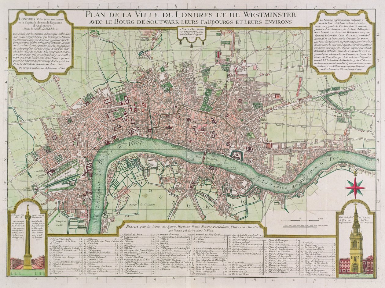 Plan over byene London og Westminster, 1727 (håndfarget gravering) av Guillaume Danet