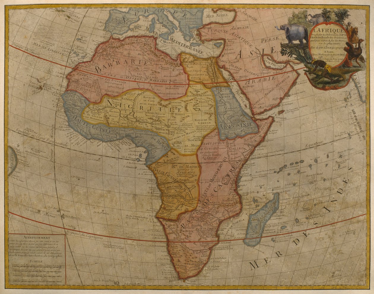 Kart over Afrika, publisert i 1700, Paris (fargegravering) av Guillaume Delisle