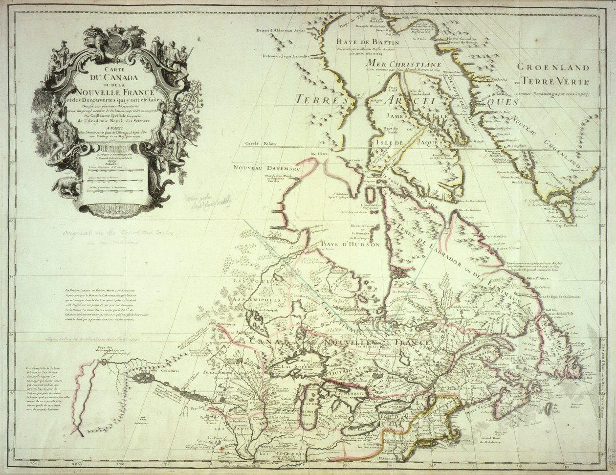 Kart over Canada, publisert Paris, 1703 (håndfarget gravering) av Guillaume Delisle