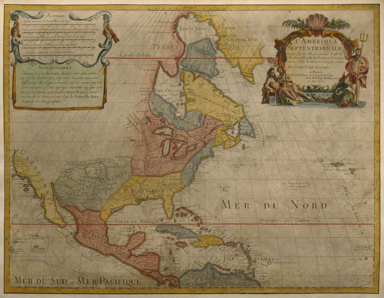 Kart over Sentral- og Nord-Amerika, publisert i 1700, Paris (fargegravering) av Guillaume Delisle