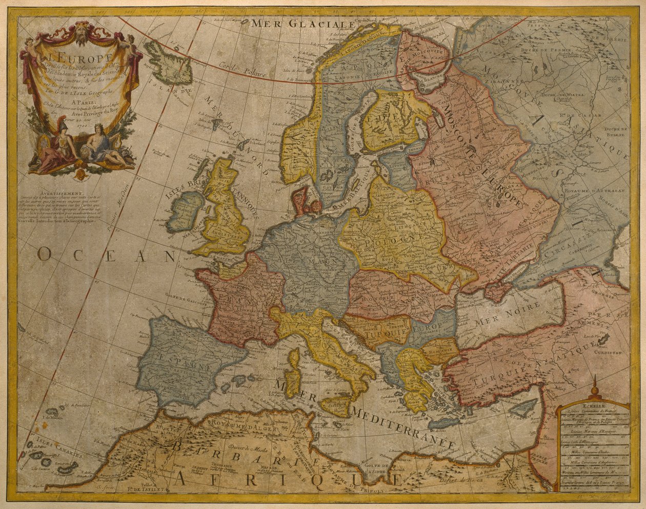 Kart over Europa, utgitt i 1700, Paris (fargegravering) av Guillaume Delisle