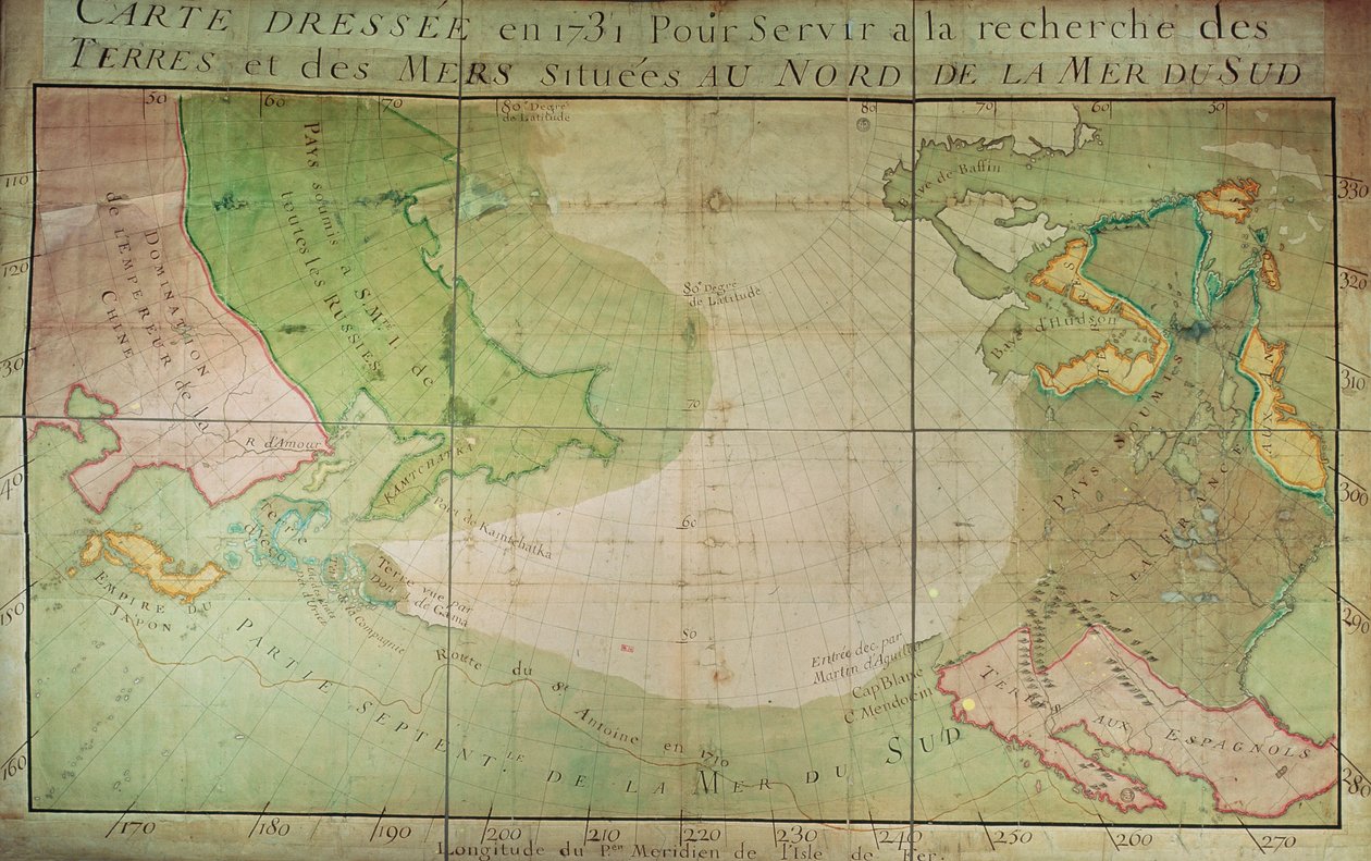 Kart over nye funn i nord i Sørishavet, øst for Sibir og vest for nye Frankrike, 1731 av Guillaume Delisle