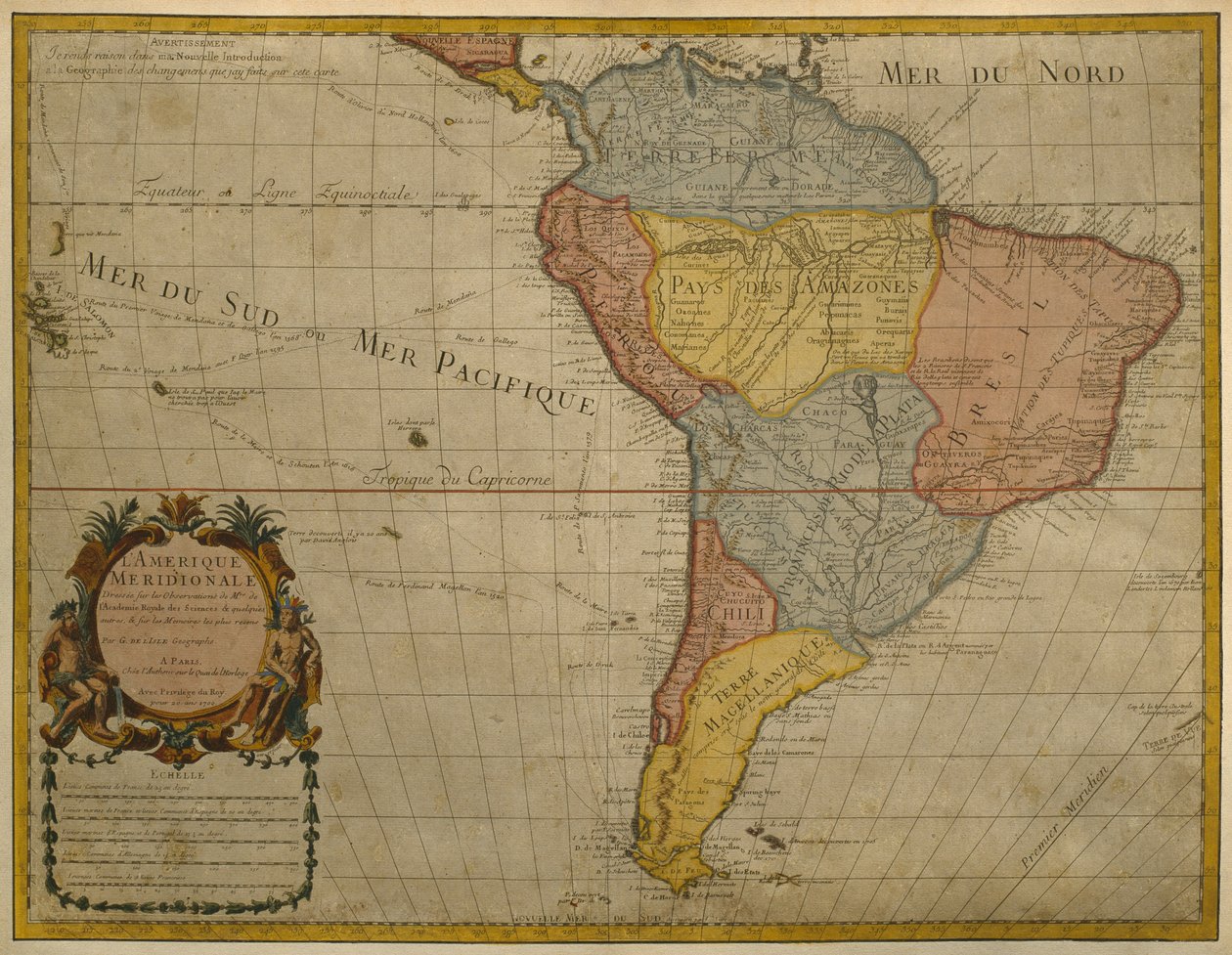 Kart over Sør-Amerika, publisert i 1700, Paris (fargegravering) av Guillaume Delisle