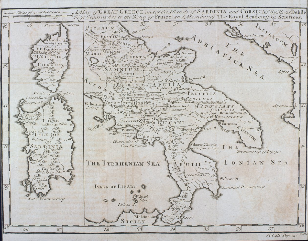 Kart over Sør-Italia, Korsika og Sardinia kjent i antikken som Great Greece eller Magna Graecia, tidlig på 1700-tallet av Guillaume Delisle