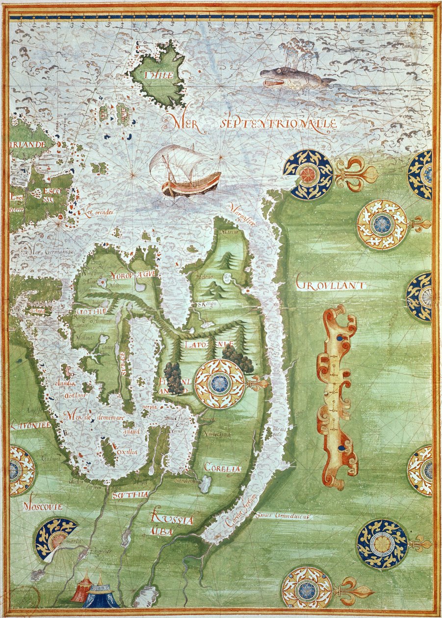 Fol.10v Kart over Skandinavia og Nord-Russland, fra 'Cosmographie Universelle', 1555 av Guillaume Le Testu