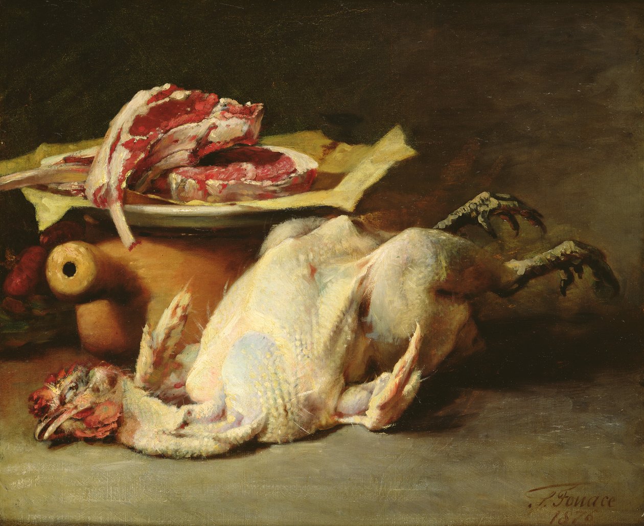 Stilleben av en kylling og koteletter, 1876 av Guillaume Romain Fouace