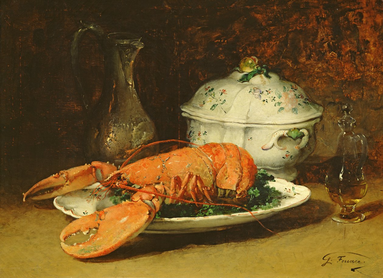 Stilleben med en hummer og en suppeterrin av Guillaume Romain Fouace