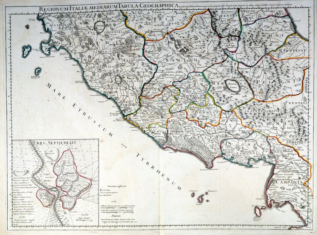 Historisk kart over den italienske regionen der etruskerne levde etter atlaset til G. Delysle av Guillaume (after) Delisle