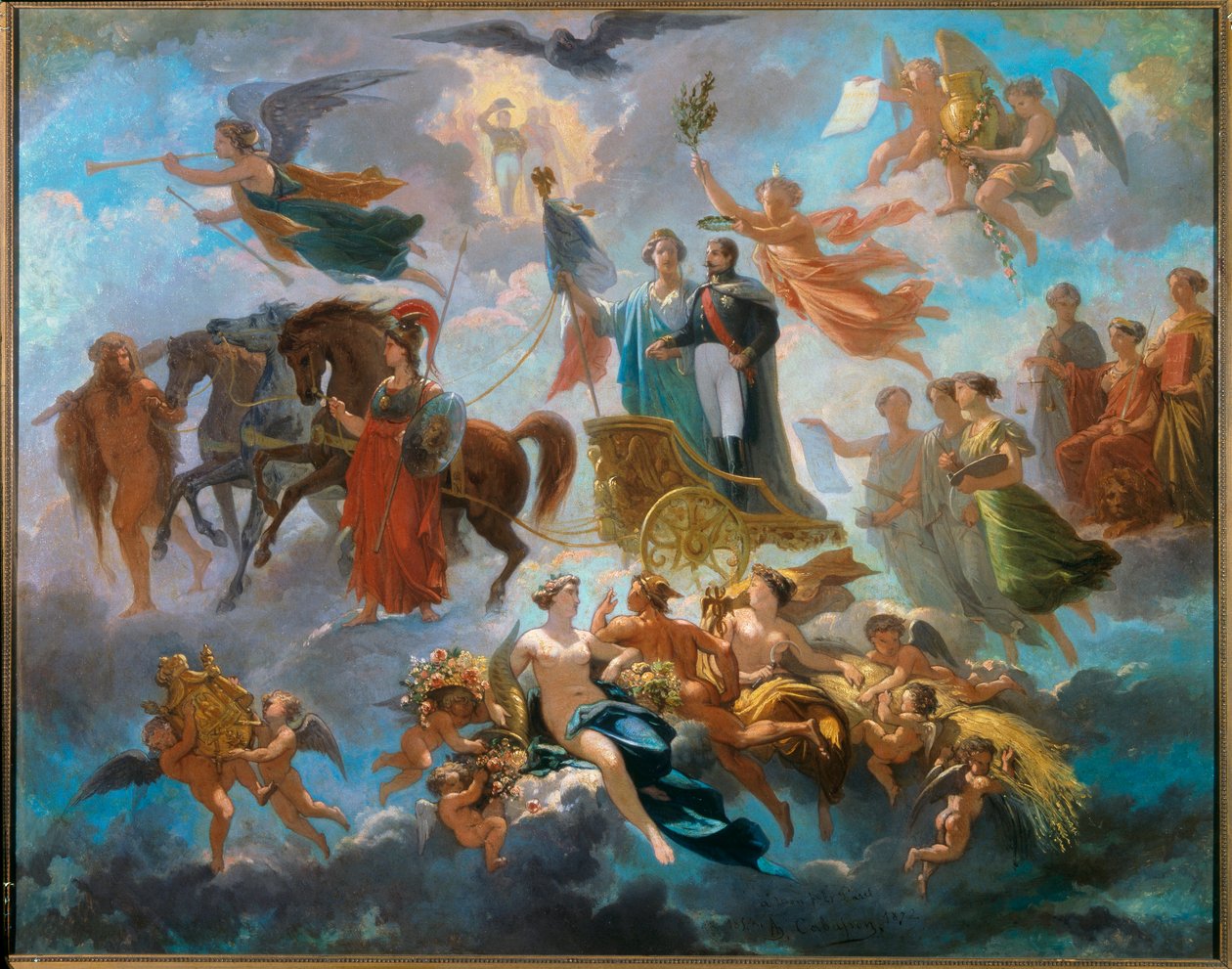 The Apotheosis of Napoleon III (1808-1873) Allegorisk representasjon av triumfen til keiserkronen, på en vogn, blant de mytologiske karakterene Athena, Hercules, Hermes. Maleri av Alphonse Cabasson (1814-1884) 1854 Søn. 0,65 X 0,81 m Compiegne av Guillaume Alphonse Harang Cabasson