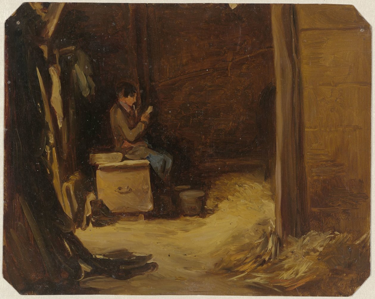 Gutt leser bokstaver i en stall av Guillaume Anne van der Brugghen
