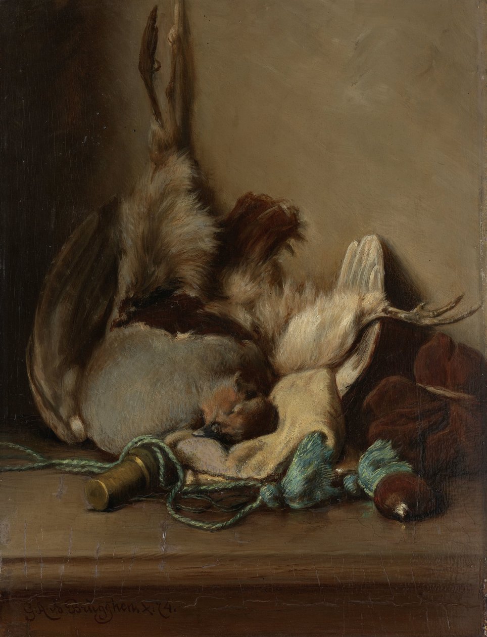 Stilleben med Wood Pigeon og Powder Horn av Guillaume Anne van der Brugghen