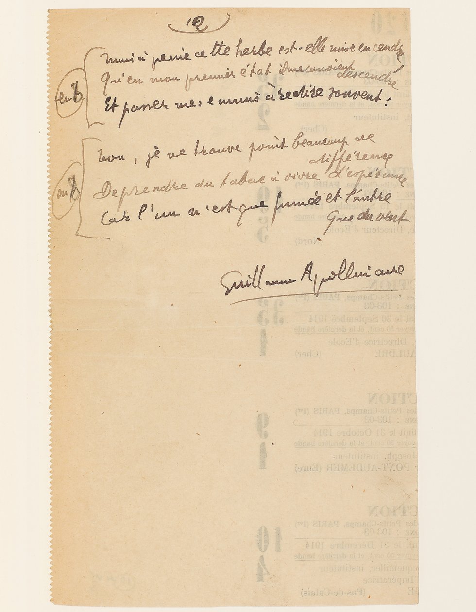 "Anekdotisk liv. "Hymne of the League of Nations". Tobakk.", 15. august 1918 av Guillaume Apollinaire