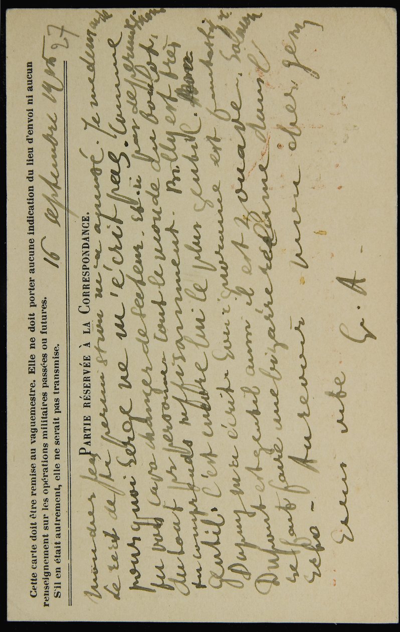 Autografpostkort til Jean Mollet, datert 16. september 1915 av Guillaume Apollinaire
