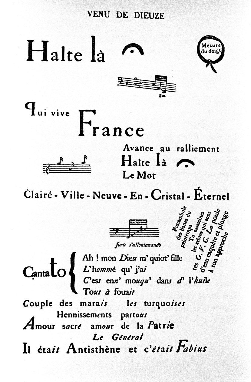 Calligram (rhebus) av Guillaume Apollinaire (1880-1918): "" Come of Dieuze"" av Guillaume Apollinaire