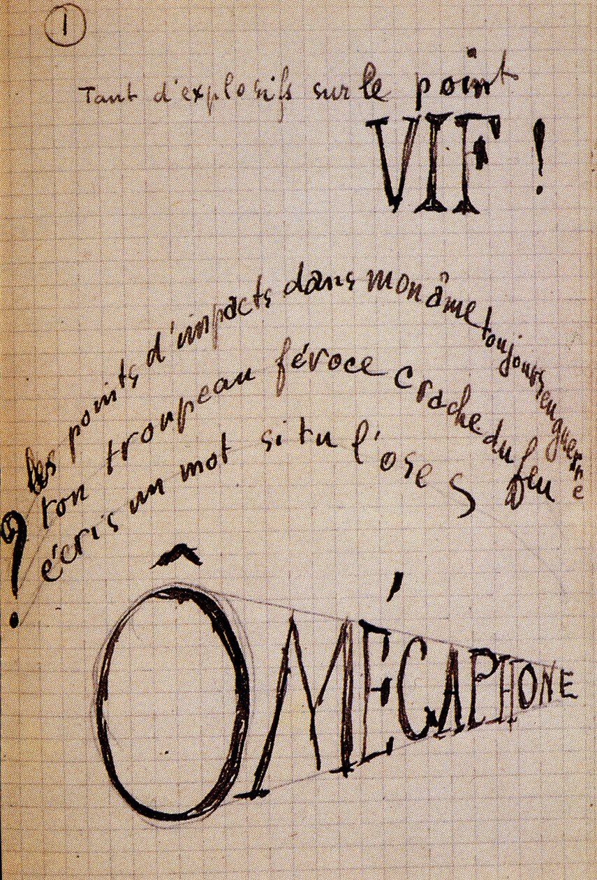 Calligram av Guillaume Apollinaire - i "" Cotton in the ears "", autografmanuskript av 17 blader av Guillaume Apollinaire