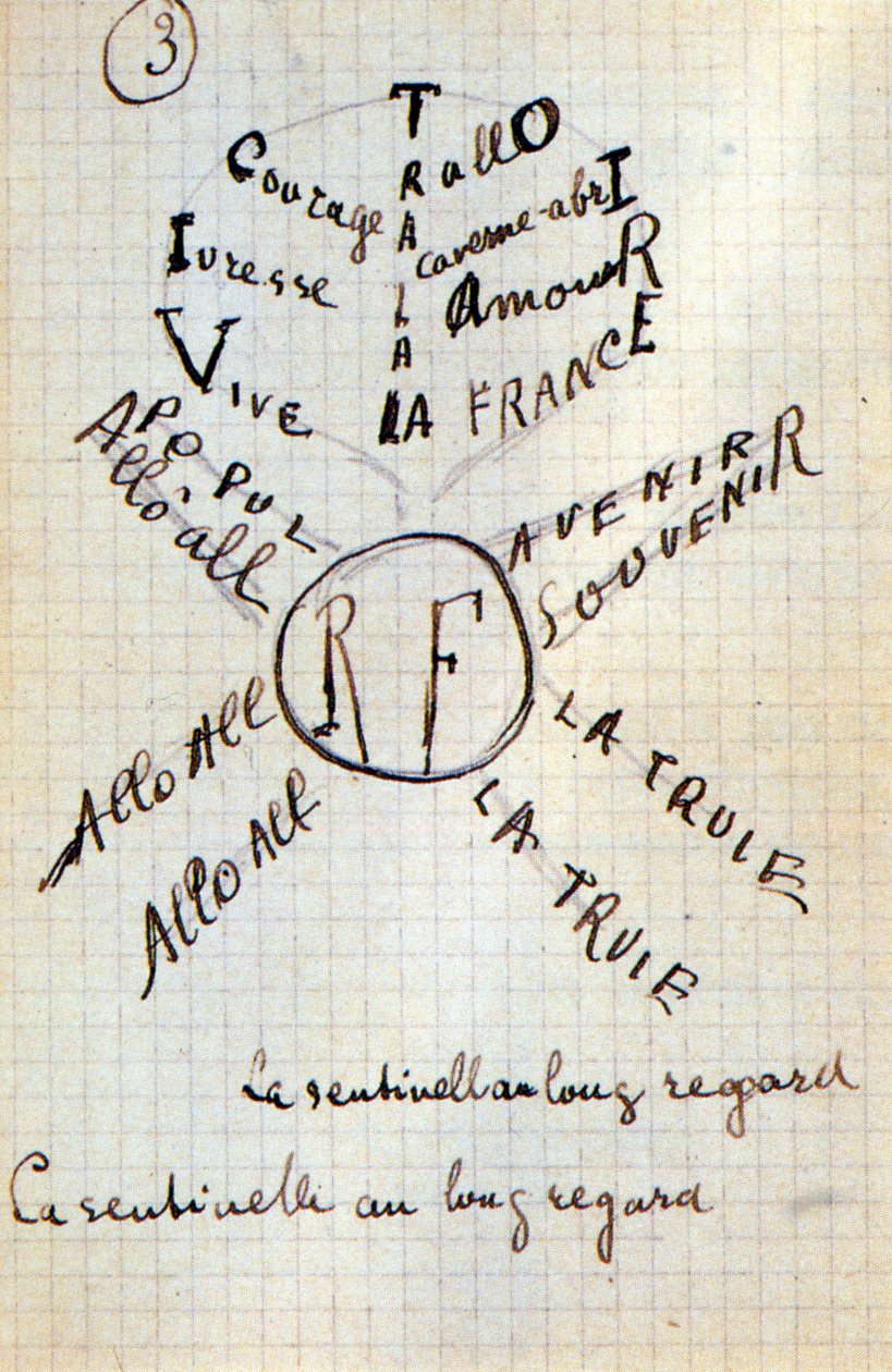 Calligram av Guillaume Apollinaire - i "" Cotton in the ears", autografmanuskript av 17 blader av Guillaume Apollinaire
