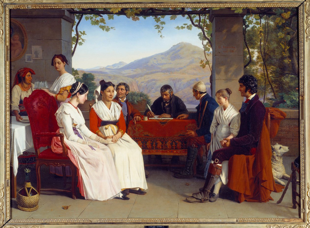 Italian Society: "" Ekteskapskontrakten i Italia i 1831"" Maleri av Guillaume Bodinier (1795-1872) 1831 Søn. 10x1,38 m av Guillaume Bodinier