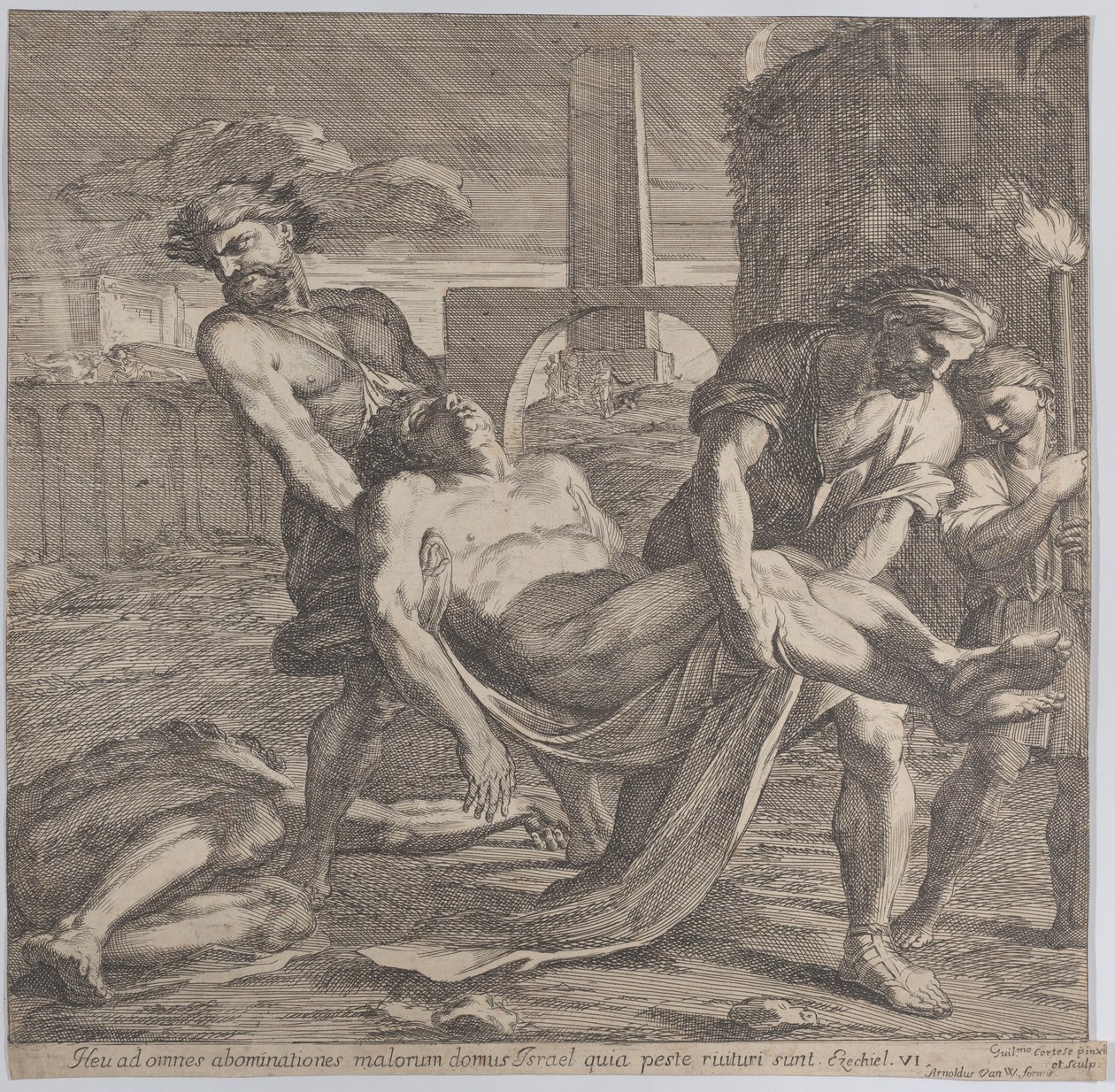 Abdon og Sennen fraktet de tidlige kristne martyrene til begravelse, 1650-60. av Guillaume Courtois