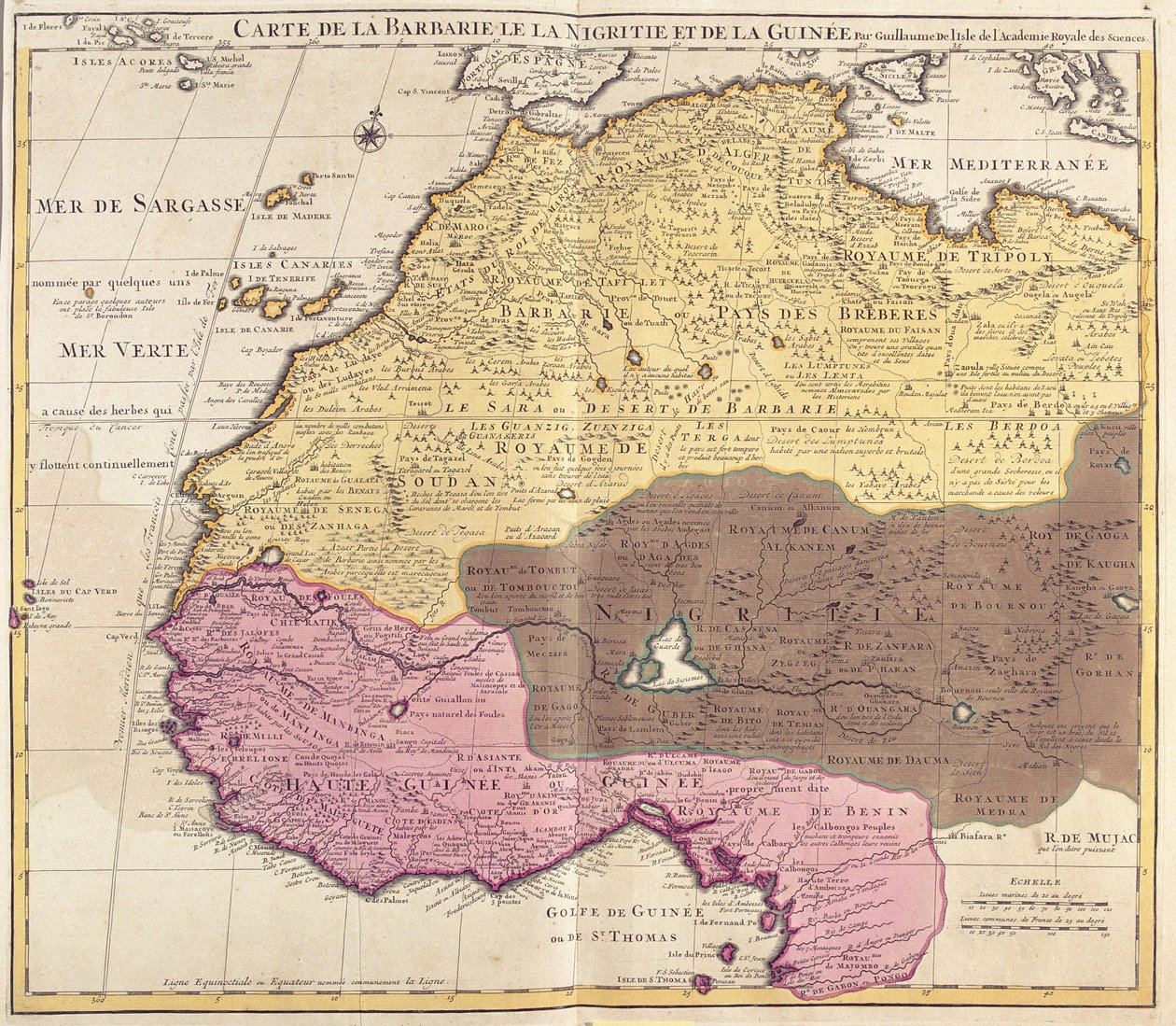 Kart over Barbary (Marokko, Algerie, Tunisia, Libya), Negritude (Mali, Burkina Faso, Niger) og Guinea (Senegal, Guinea, Sierra Leone, Liberia, Elfenbenskysten, Ghana, Togo, Benin, Nigeria) (radering) av Guillaume Delisle