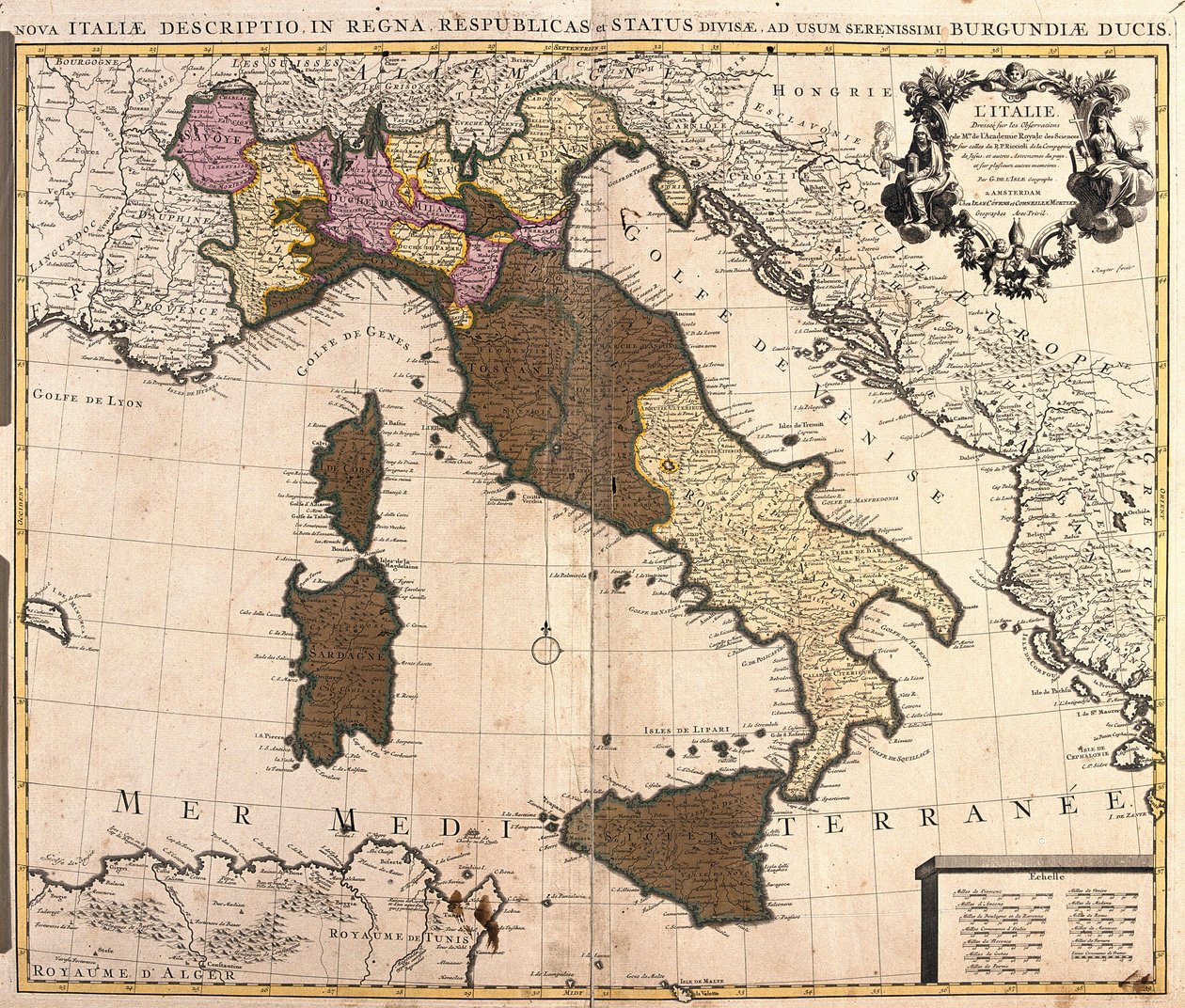 Kart over Italia, med Korsika, Sardinia og Sicilia (radering av Guillaume Delisle