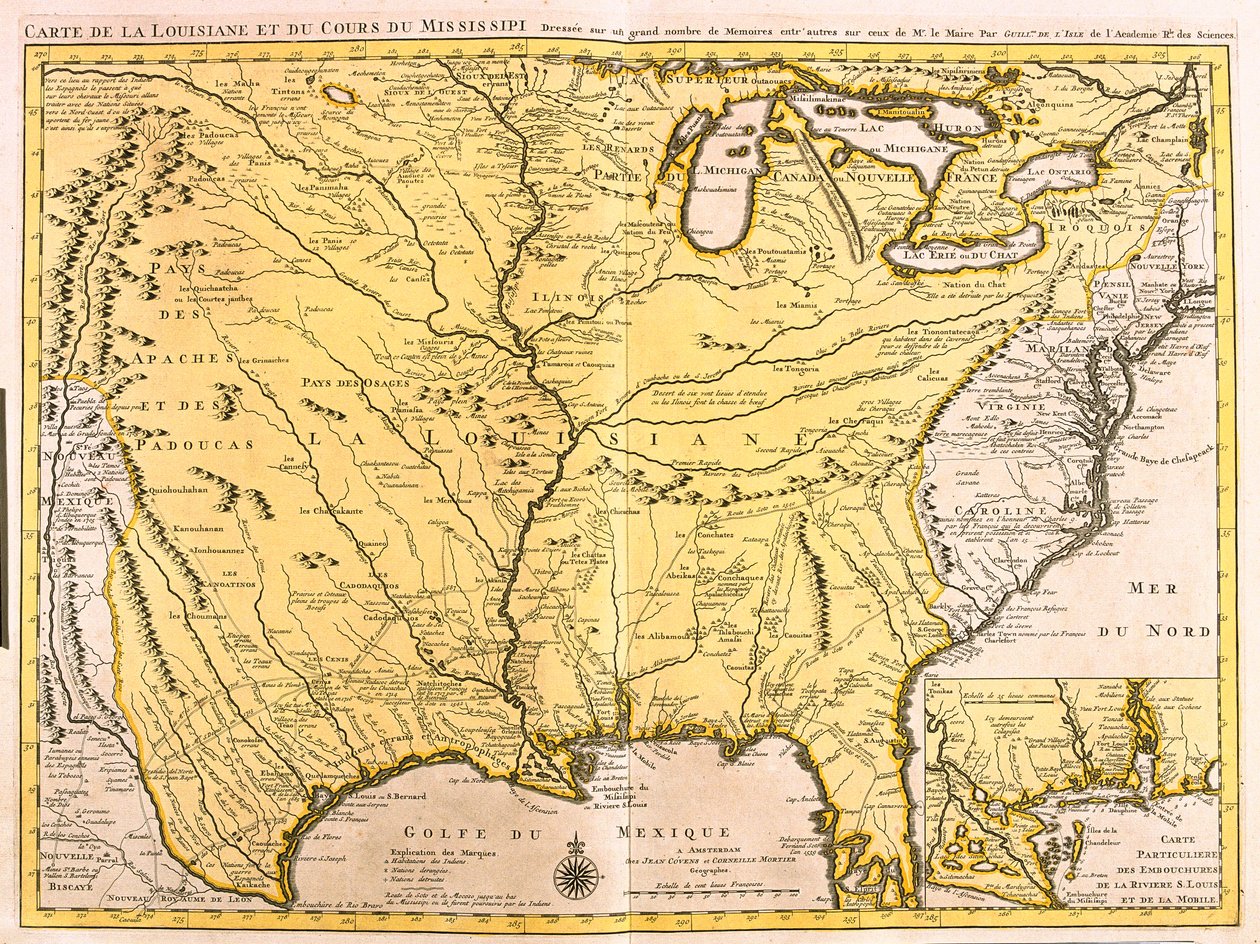 Kart over Louisiana (USA) og Mississippi-elven (radering av Guillaume Delisle