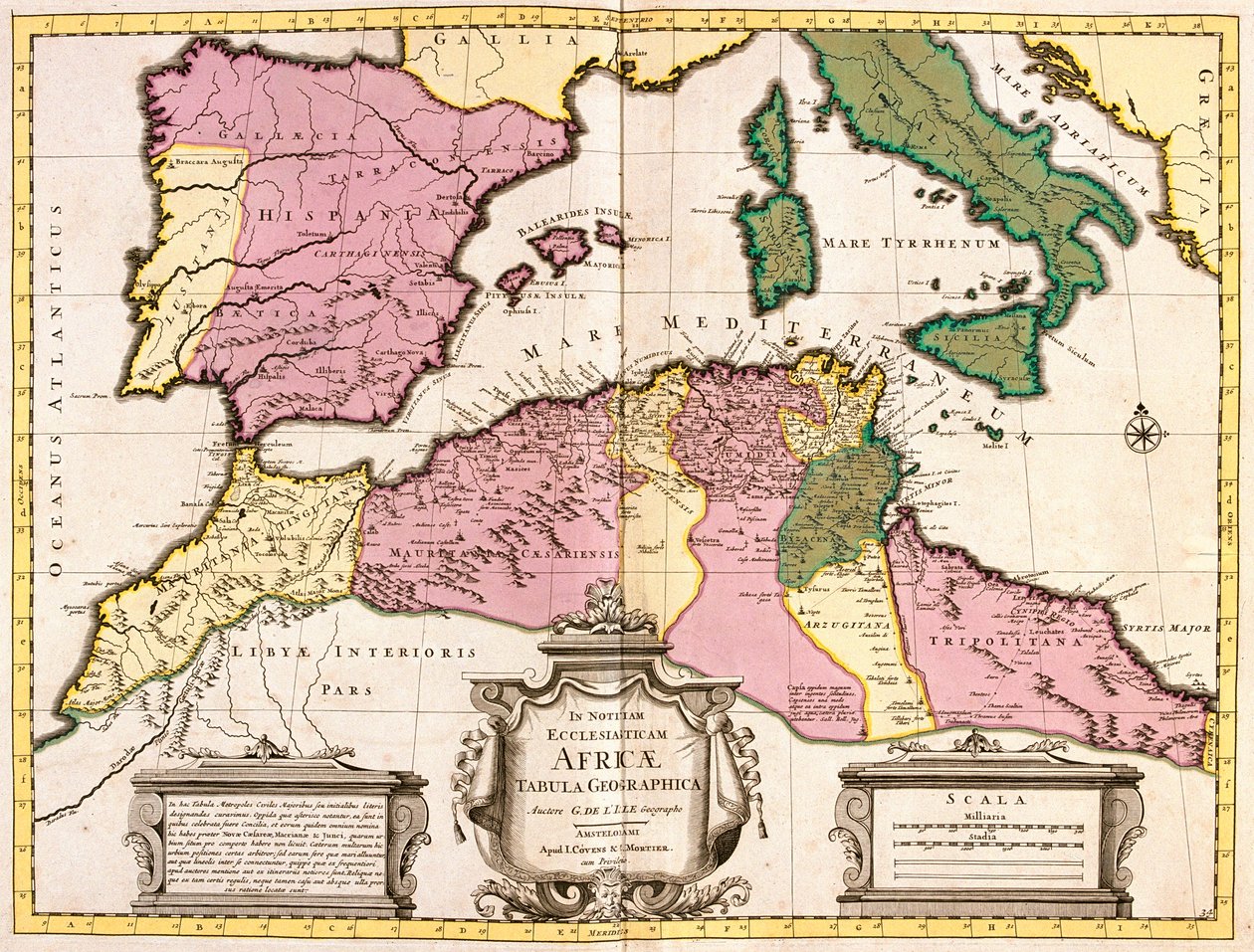 Kart over Nord-Afrika (Mauritania, Marokko, Algerie, Tunisia, Libya) og Europa (Spania, Portugal, Frankrike, Italia, Hellas med Balearene, Sardinia, Korsika og Sicilia) (radering) av Guillaume Delisle