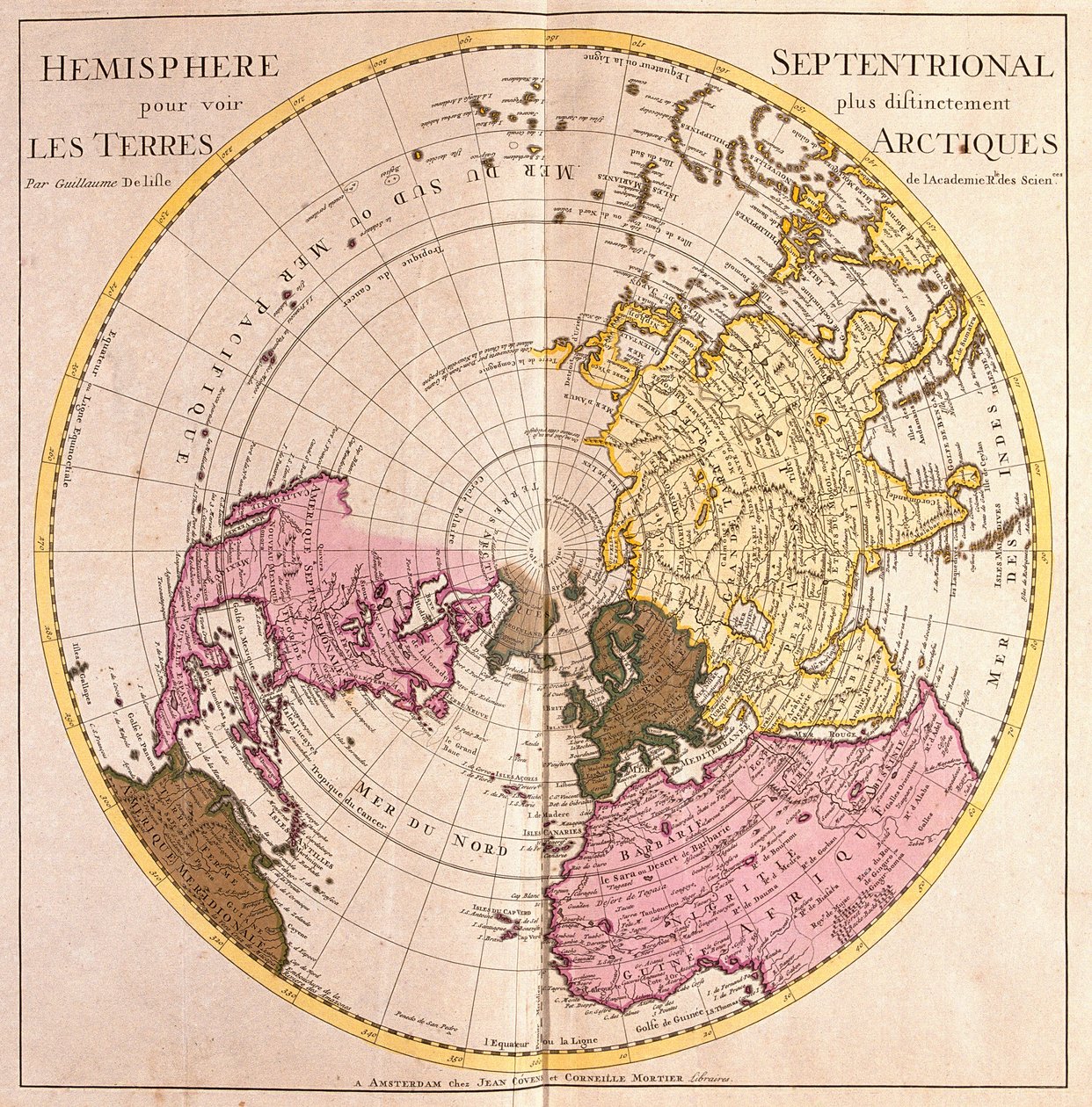 Kart over den nordlige halvkule, arktisk landbeskrivelse (sterkt vann av Guillaume Delisle