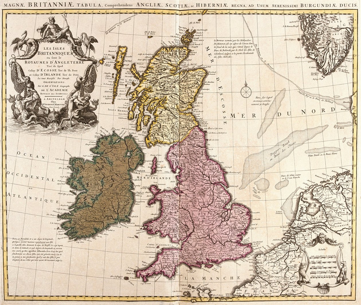 Kart over De britiske øyer, kongedømmene England, Skottland og Irland (etsing av Guillaume Delisle