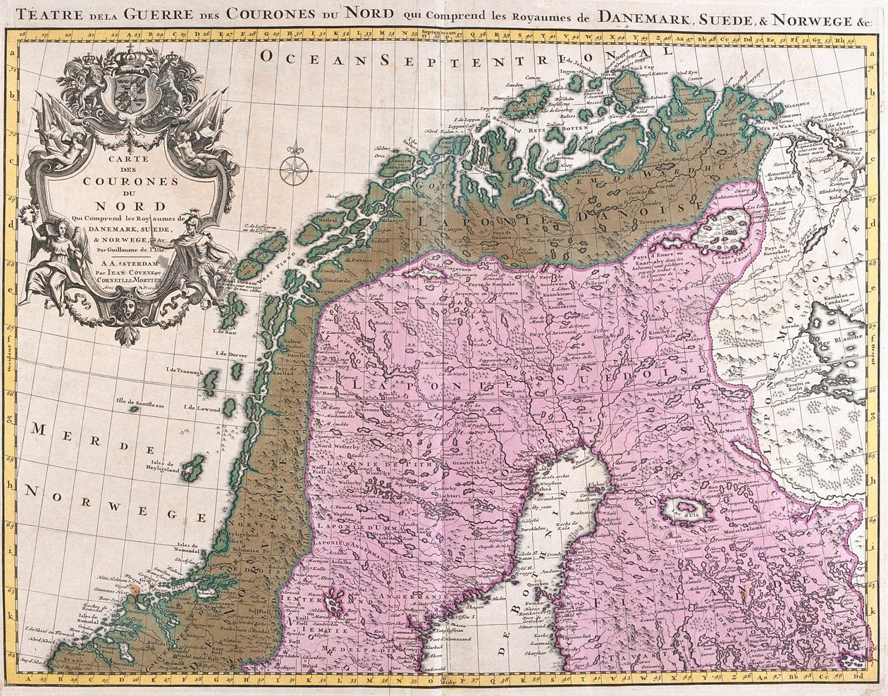 Kart over de nordiske landene, kongedømmene Danmark, Sverige og Norge (radering av Guillaume Delisle
