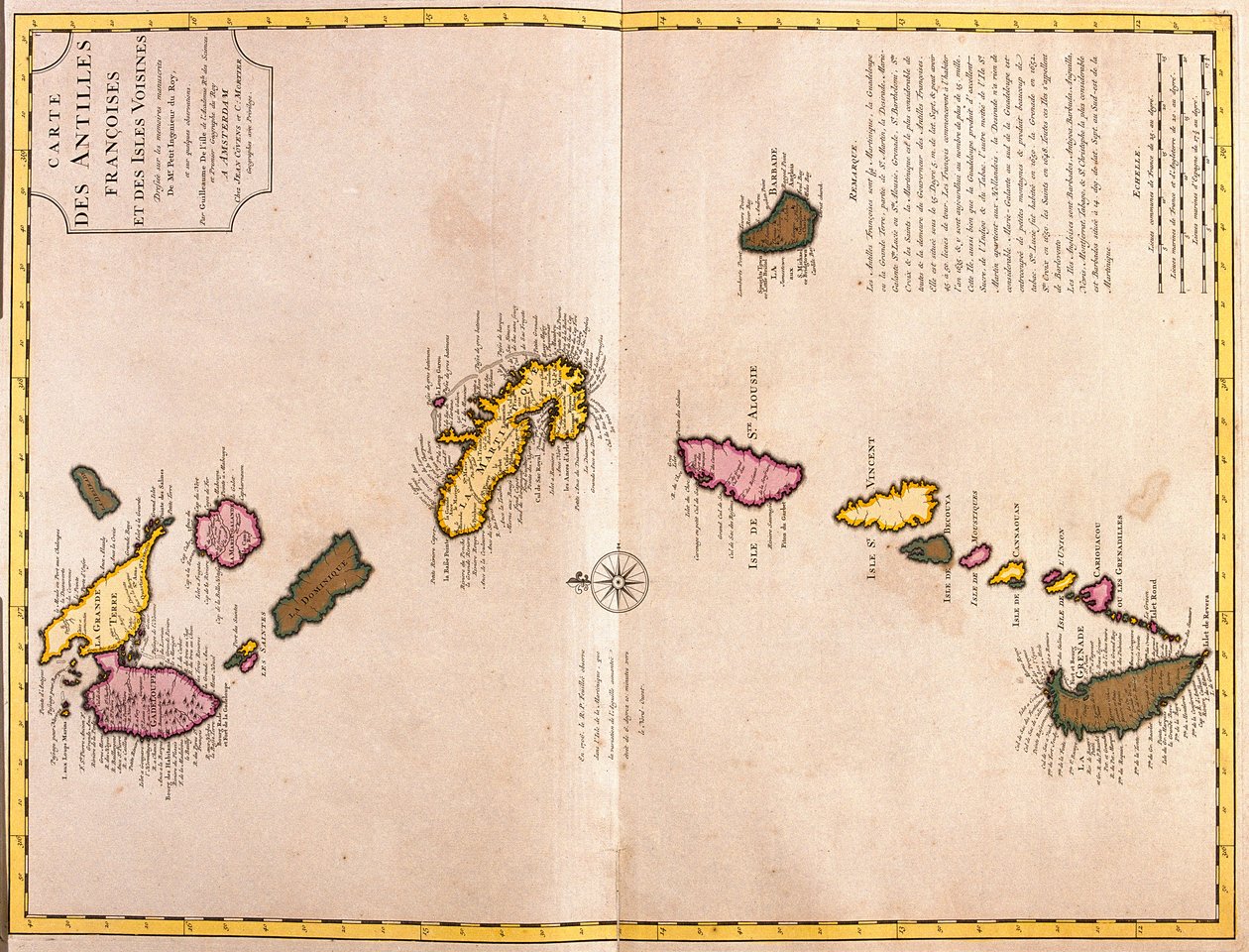 Kart over de karibiske øyene (Guadeloupe, Marie Galante, Dominica, Martinique, Saint Lucia, Saint Vincent, Barbados, Grenadinene og Grenada) (radering) av Guillaume Delisle