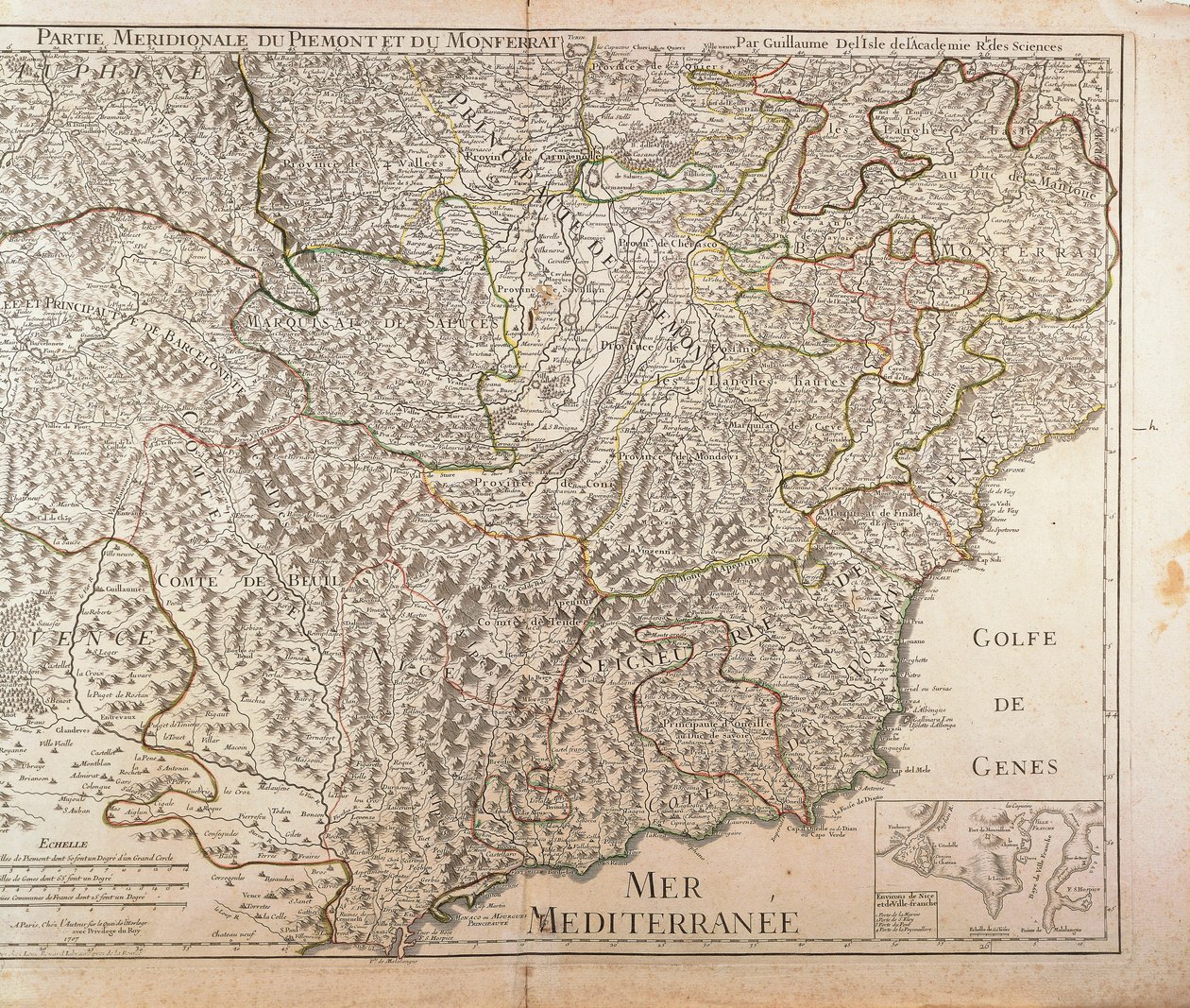 Sørlige Piemonte-regionen, Monferrato og Vestlige Liguria-regionen. Kart av Guillaume de l'Isle, Paris, Kobbergravering. 1707 av Guillaume Delisle