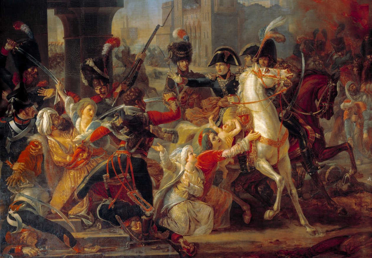 Kampanje (ekspedisjon) av Egypt (1798-1801): "" Clemence of General Bonaparte mot en arabisk familie da den franske hæren gikk inn i Alexandria 3. juli av Guillaume Francois Colson